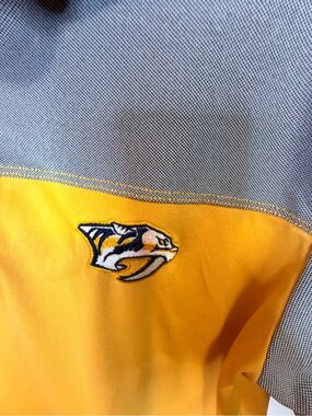 Columbia Men's Yellow and Light Gray Polo with Embroidered Fish Logo